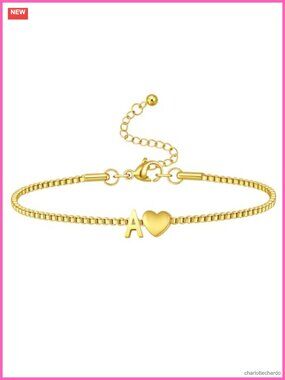 14K Gold Plated Stainless Steel Heart Initial Bracelet Dainty Link Womens